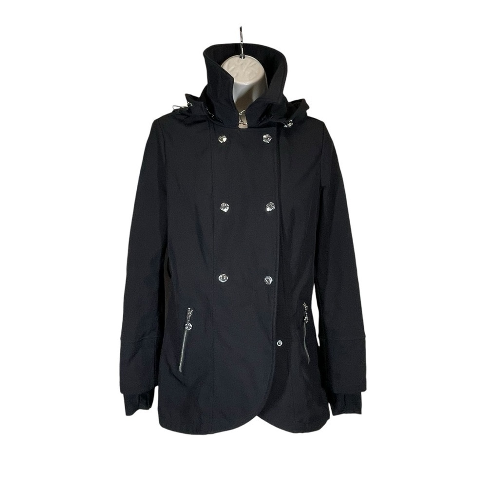 Betsey Johnson women’s black rain jacket hooded double buttons size XS thumbhole